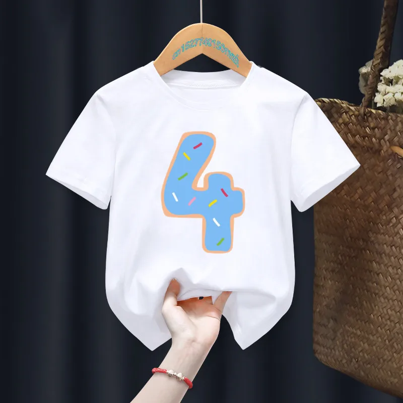 Children Blue Donut My 0-9th Birthday Number Fixed printing T-shirt Birthday Gift Present Clothes Baby Letter Tops Tee,Drop Ship