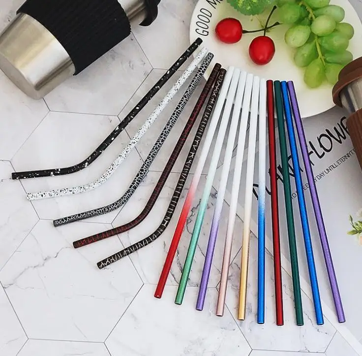 304 Stainless Steel Straw Gradient Crack Pattern Coffee Milk Juice Fashion Straw Drinking Straws Kitchen Tools SN3743