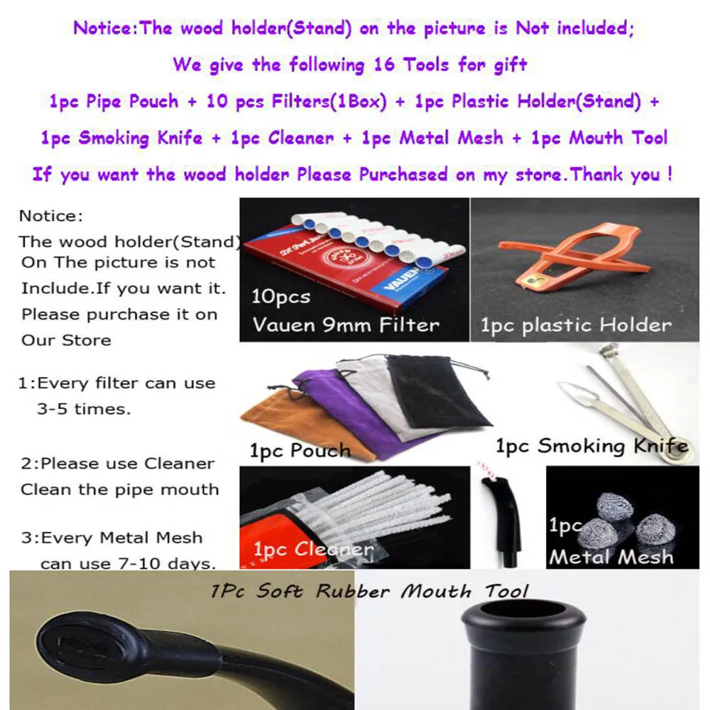 Durable Handmade Nature Ebony Wooden Smoke Tobacco Smoking Wood Bowl Pipes + Plastic Holder + 9mm Pipe Filters Accessories