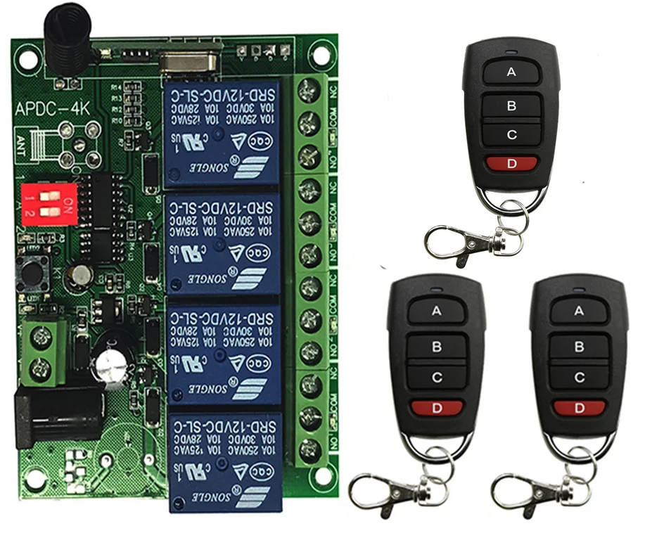 DC 24V 4 Channel 4CH RF Wireless Remote Control Switch System Receiver + Transmitter, 315 433 MHz