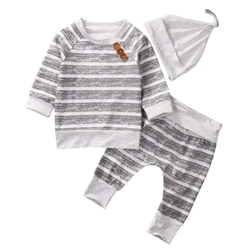 3 piece Long Sleeve Stripe Buttons Decor Sweatshirt Top,Striped Pant with Hat Set For Baby Boy Autumn Clothes