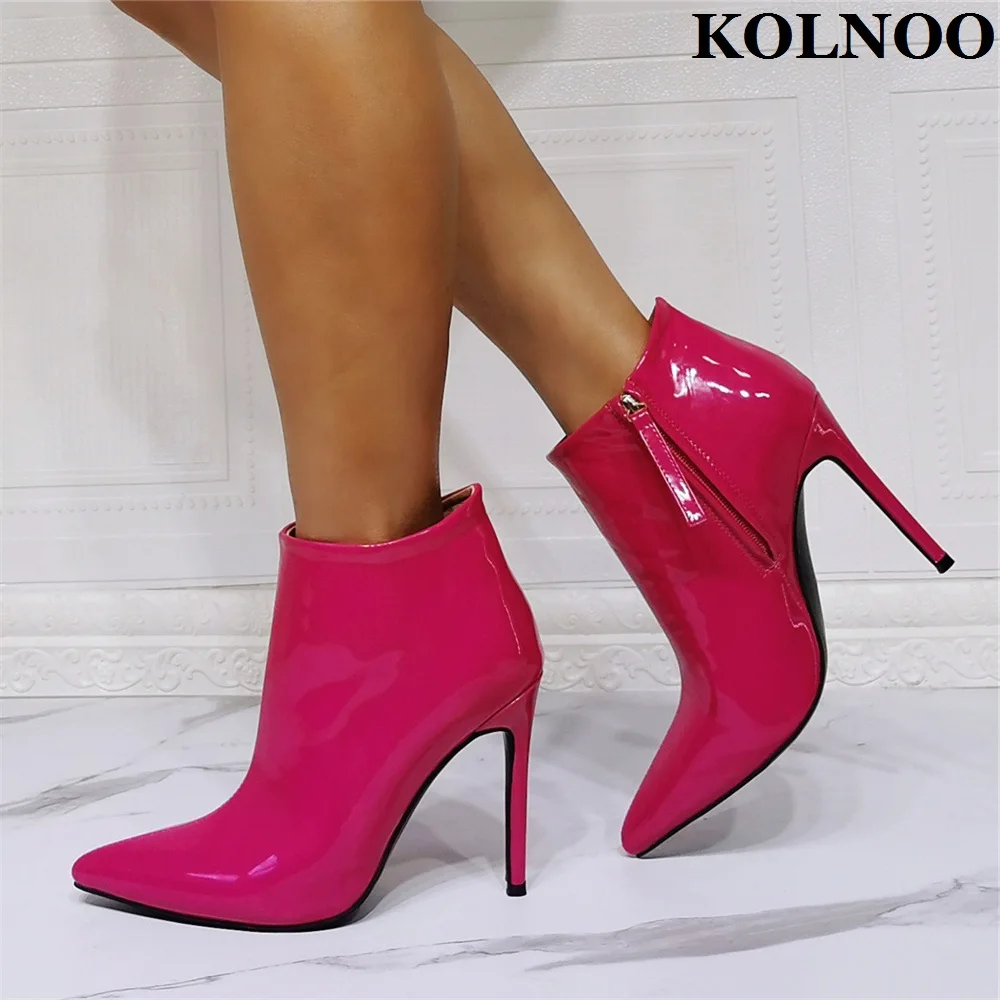 Kolnoo Handmade New Ladies High Heel Boots Patent Leather Red Picture Pointy Evening Party Prom Ankle Booties Fashion Hot Shoes