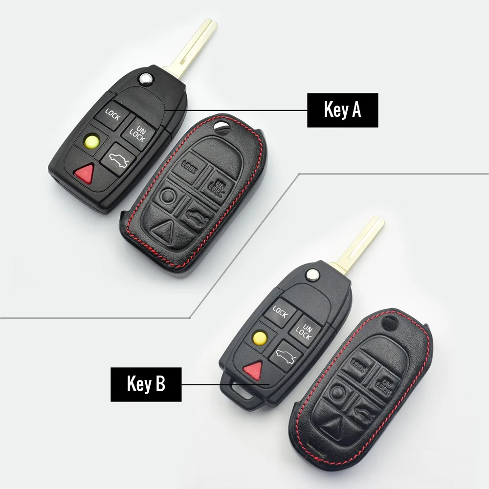 Leather Car Key Case For Volvo S80 S60 V50 V70 XC70 XC90 5 Button Remote Fob Shell Cover Keychain Protector Bag Auto Accessories