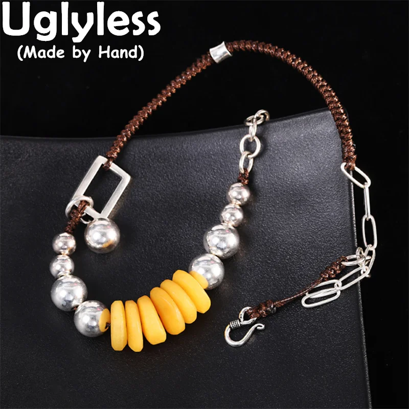 Uglyless Natural Chicken Oil Amber Pendants Chokers for Women Asymmetric Rope Pins Chains Necklaces 925 Silver Jewelry + Chains