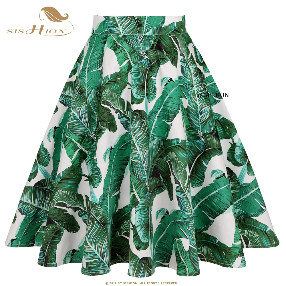 

SISHION Cotton Floral Printed Retro Swing Vintage Skirt VD0020 Rokken Punk Summer Women Black White and Green Skirts