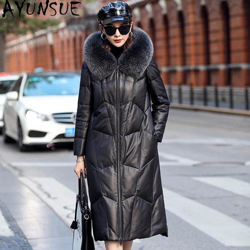 

AYUNSUE Women's Down Jacket Winter Genuine Sheepskin Leather Jackets Famale Fox Fur Collar Leather Coats Hooded Jaqueta Feminina