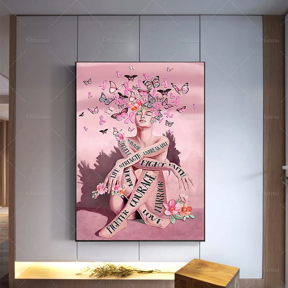 Pink Flower Butterfly Art Print, Pink Ribbon Sign Poster, Girl Power Wall Art,Modern Home Decor Posters Wall Art Canvas Painting