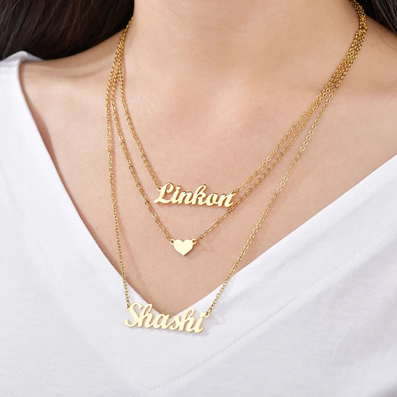 Collar con nombre personalizado para mujer y niña, colgante de corazón de acero inoxidable, tres cadenas, regalo creativo, joyería