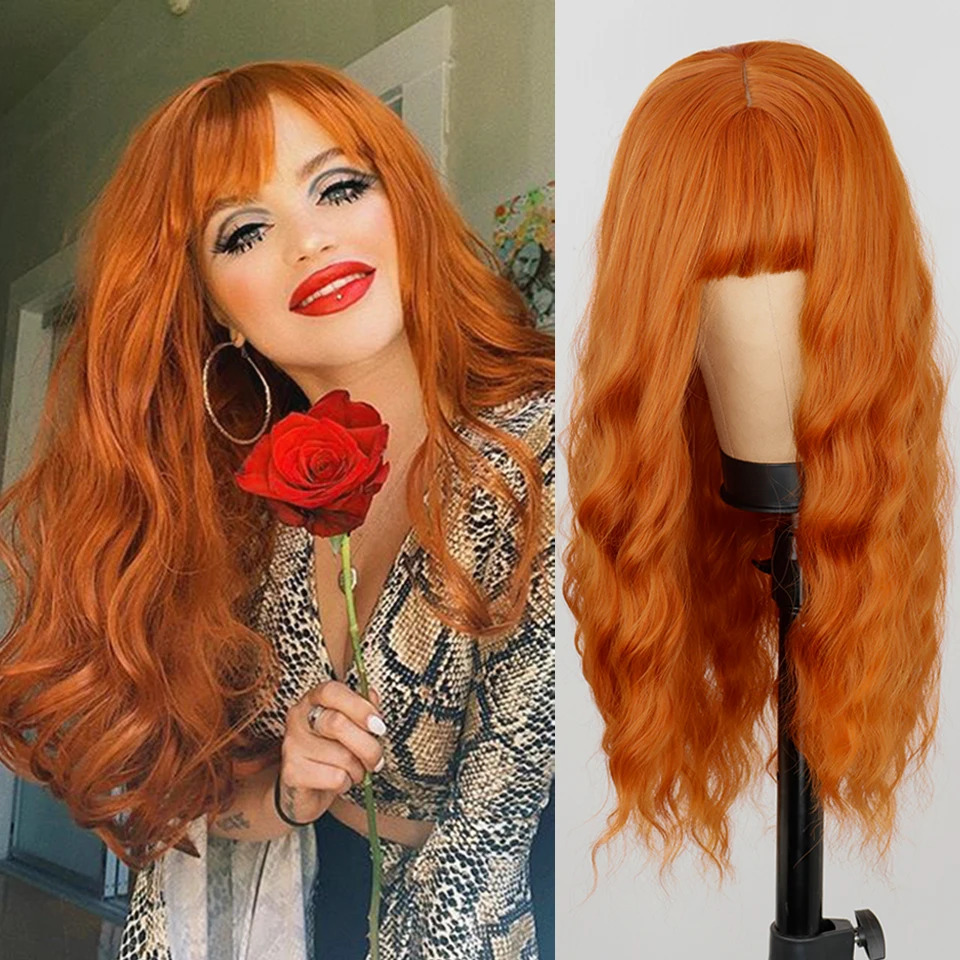 Long orange wig with bangs wavy curls ginger bangs synthetic women's orange long wig natural appearance suitable for daily