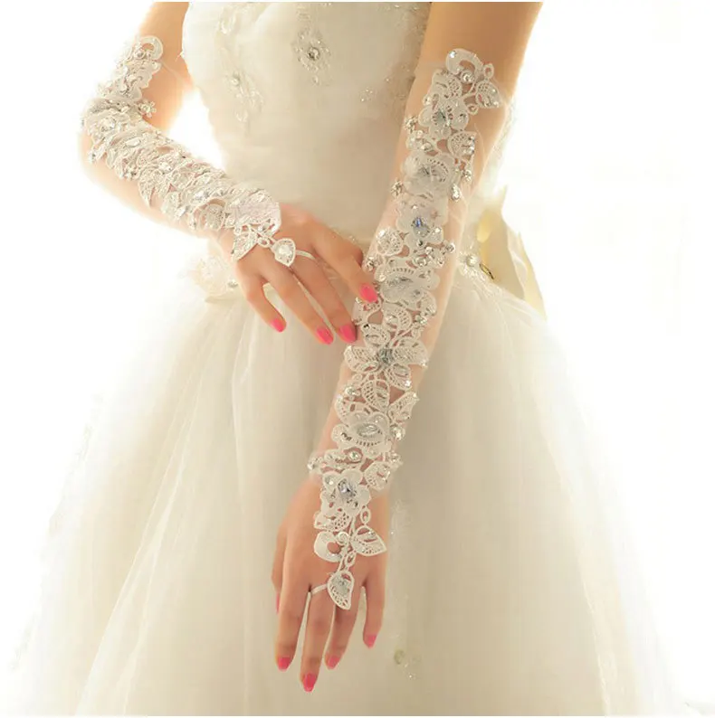 2021 New Long Lace Fingerless Evening Glove White Bridal Wedding Gloves with Crystals in stock  Wedding Accessories Party Gloves