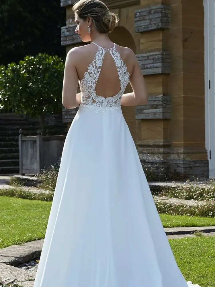 Elegante Halfter Ärmellose Hochzeit Kleid 2021 Hohe Qualität Chiffon Backless Gericht Zug Spitze Applique robe de mariage Tailor-Made