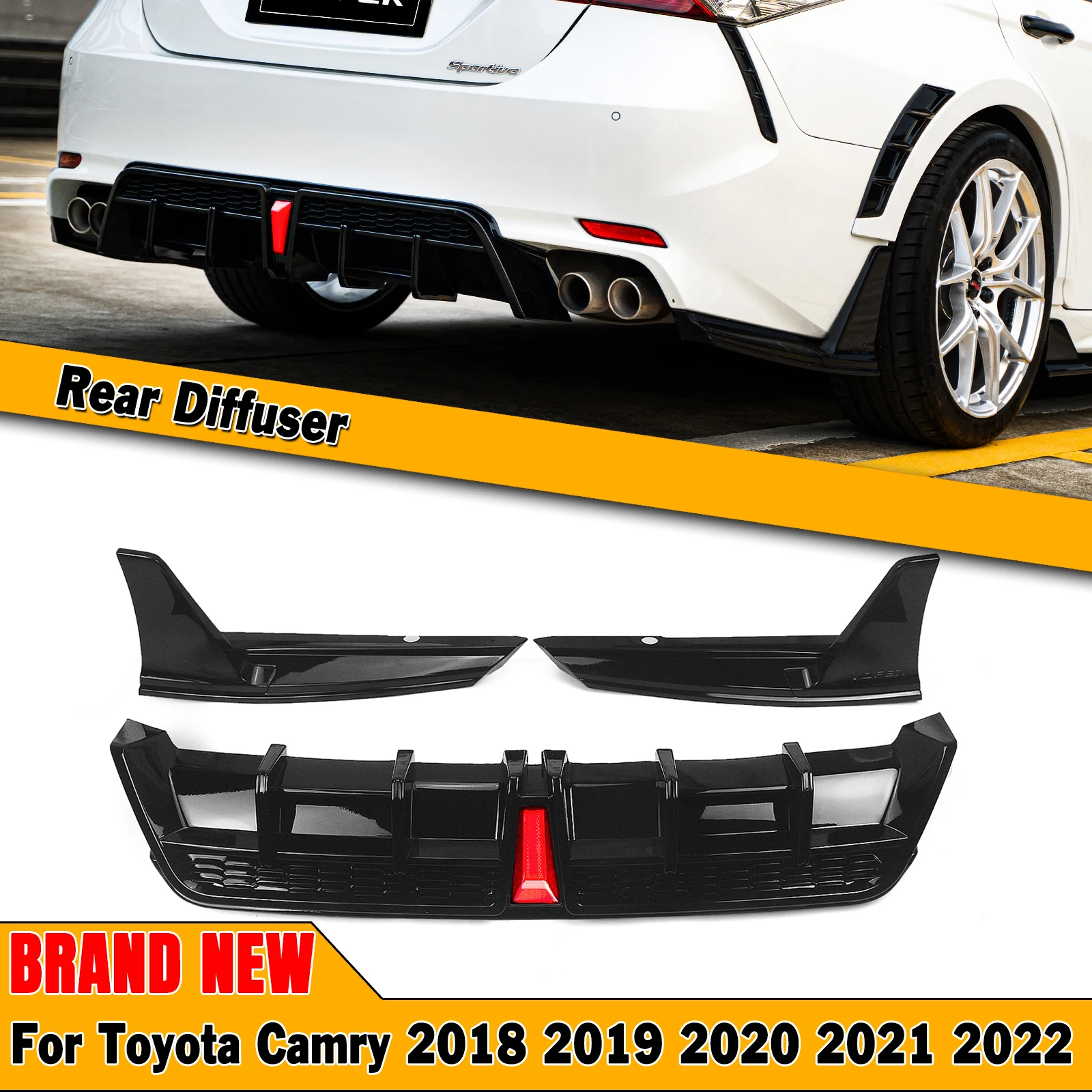 

YOFER For Toyota Camry SE XSE Sport Model Only 2018-2024 Gloss Black Rear Diffuser Bumper Lip Boot Spoiler Plate With Pilot Lamp