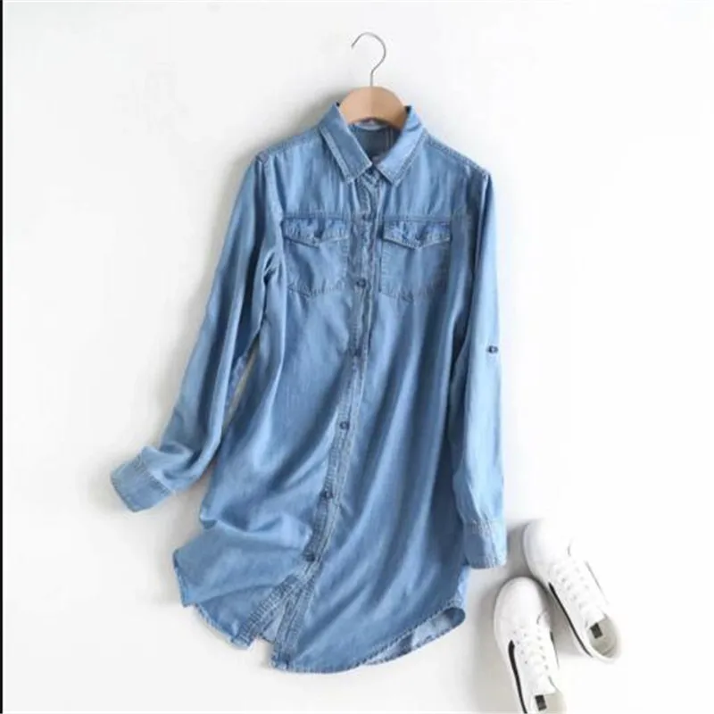 Frauen Bluse Frühling Herbst Casual Shirts Mid-länge Langarm Denim Jeans Tops Casual Frauen Shirt Blusa Mujer Plus größe S ~ 3XL