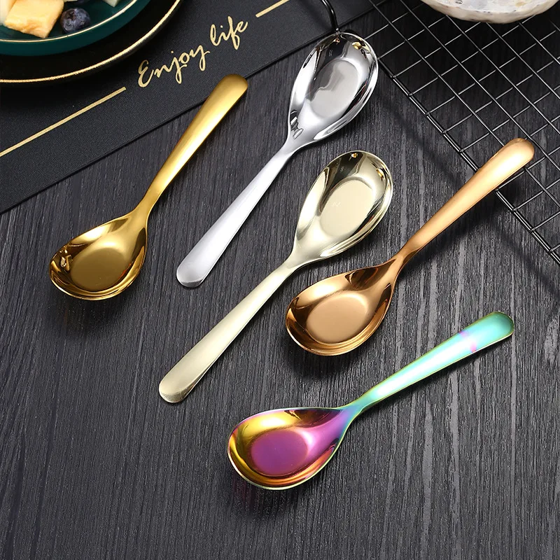 Stainless Steel Flat-Bottomed Spoons Long Handle Soup Tea Dining Spoon Ladle Household Tablespoons Tableware Kitchen Utensils