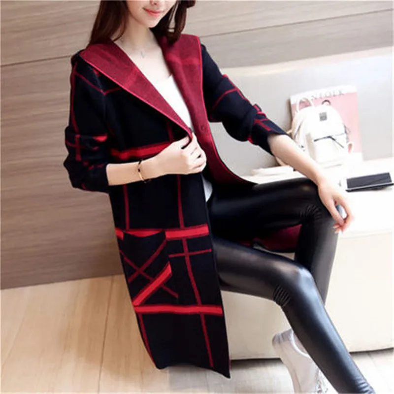 

Women Sweater And Cardigan 2023New Autumn Winter lattice Long Sweater Female Hooded knitting Coat Autumn Fashion Top C1454