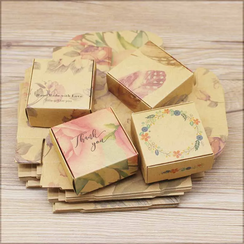 10p wholesaleDiy handmade flower style Thank you gifts package box kraft  paper wedding candy box 65x65x30mm  party suppiles