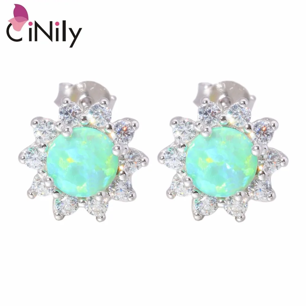 

CiNily Solid 925 Sterling Silver Green & White Round Opal Daisy Stud Earrings Sunflower Helianthus CZ Crystal Stone Jewelry Girl