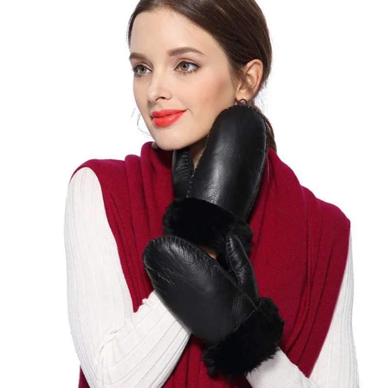 Super Warm Mittens 100% Genuine Leather Fur Winter Gloves Women\'s Gloves Mittens Warm Waterproof Antifreezing Ladies Mittens