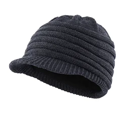 Connectyle masculino novo estilo chapéu de inverno com viseira acrílico macio velo forrado cabo de malha gorro masculino jornaleiro diário quente boné