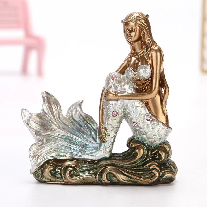 Syrenka z żywicy rysunek Rhinestone Sea Maiden Girl miniaturowa bajka charakter ozdoba wystrój pokoju rzemieślnicze prezent dla dziewczyny