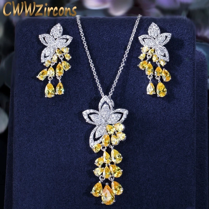 CWWZircons 2024 New Arrival cyrkonia Tassel spadek kwiat kolczyki i naszyjnik moda damska zestawy biżuterii T334