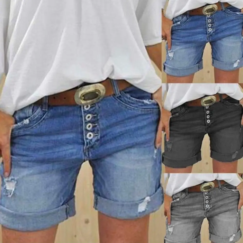 Women Summer Denim Shorts Sexy Ripped Hole Button Jeans Shorts Ladies Plus Size Regular Short Pants