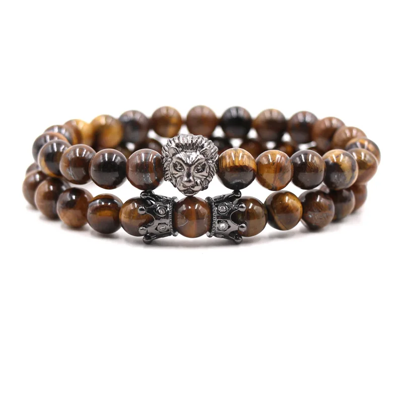 2Pcs/Set Charm 8mm Natural Tiger Eye Stone Bead Bracelets Bangle Pave CZ 4 Color Flower Crown Bracelet For Men&Women DIY Jewelry