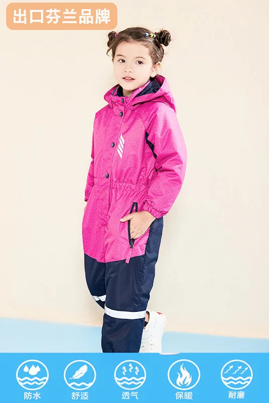 Children\'s Siamese Ski Suit Outdoor Jacket Siamese Cotton Jacket Waterproof and Windproof Thicken Warm Boys and Girls