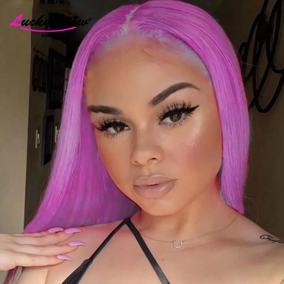 Helllila lange gerade transparente 13x4 Lace Frontal Perücken farbige Cosplay 100 % Echthaar Perücke 180 Dichte für Frauen HD Perücken