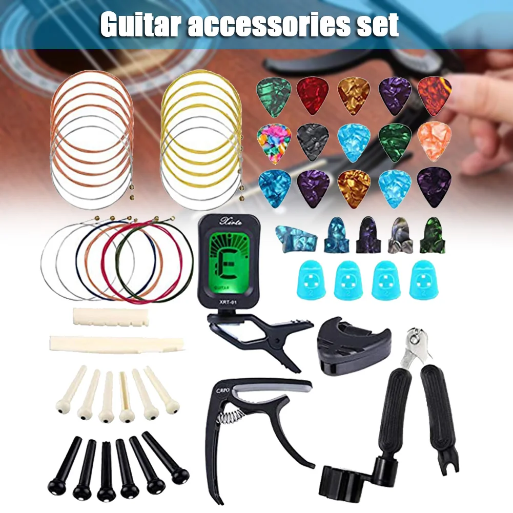 

60PCS Guitar Accessories Kit Including Guitar Picks Tuner Acoustic Guitar Strings 3 in 1 String Winder Bridge Pins WHSho