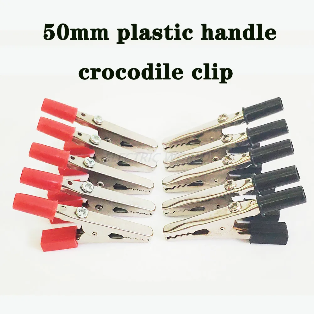 Krokodylki 10 sztuk/partia krokodyl klip 50mm plastikowy uchwyt sonda testowa metalowe złącze gniazdo baterii wtyczki Electirc testowanie