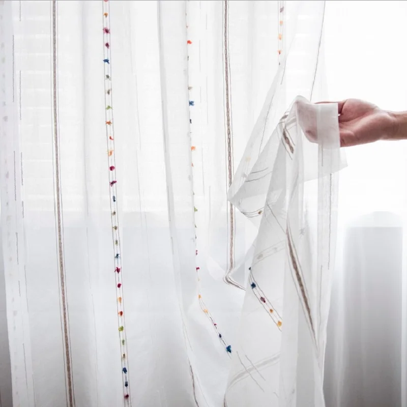 Fresh white sheer curtains Nordic bedroom French wave window yarn balcony gauze shade embroidery striped window screen curtains