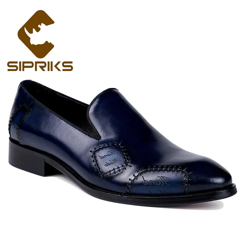 Sipriks Black Blue Khaki Shoes Mens Genuine Leather Slip-On Loafers Male Business Casual Gents Suit Formal Tuxedo Shoes Big Size