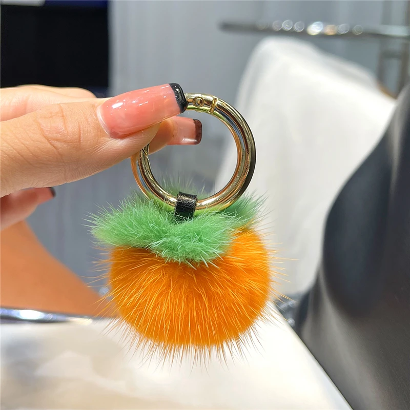 Mini Real Mink Fur Ball Keychain Plush Persimmon Women Bag Jewelry Pendant Ornaments Cute Car Key Metal Ring Fruit Trinkets Gift