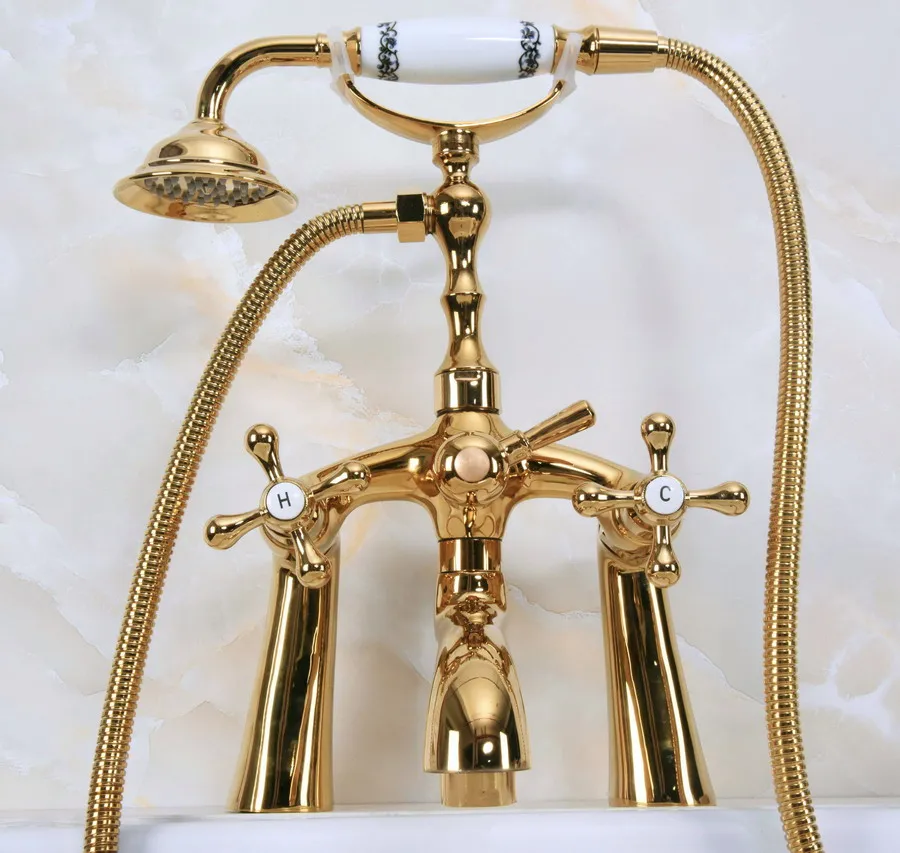 

Polished Gold Color Brass Deck Mounted ClawFoot Bathroom Tub Faucet Dual Cross Handles Telephone Style Hand Shower Head ana144