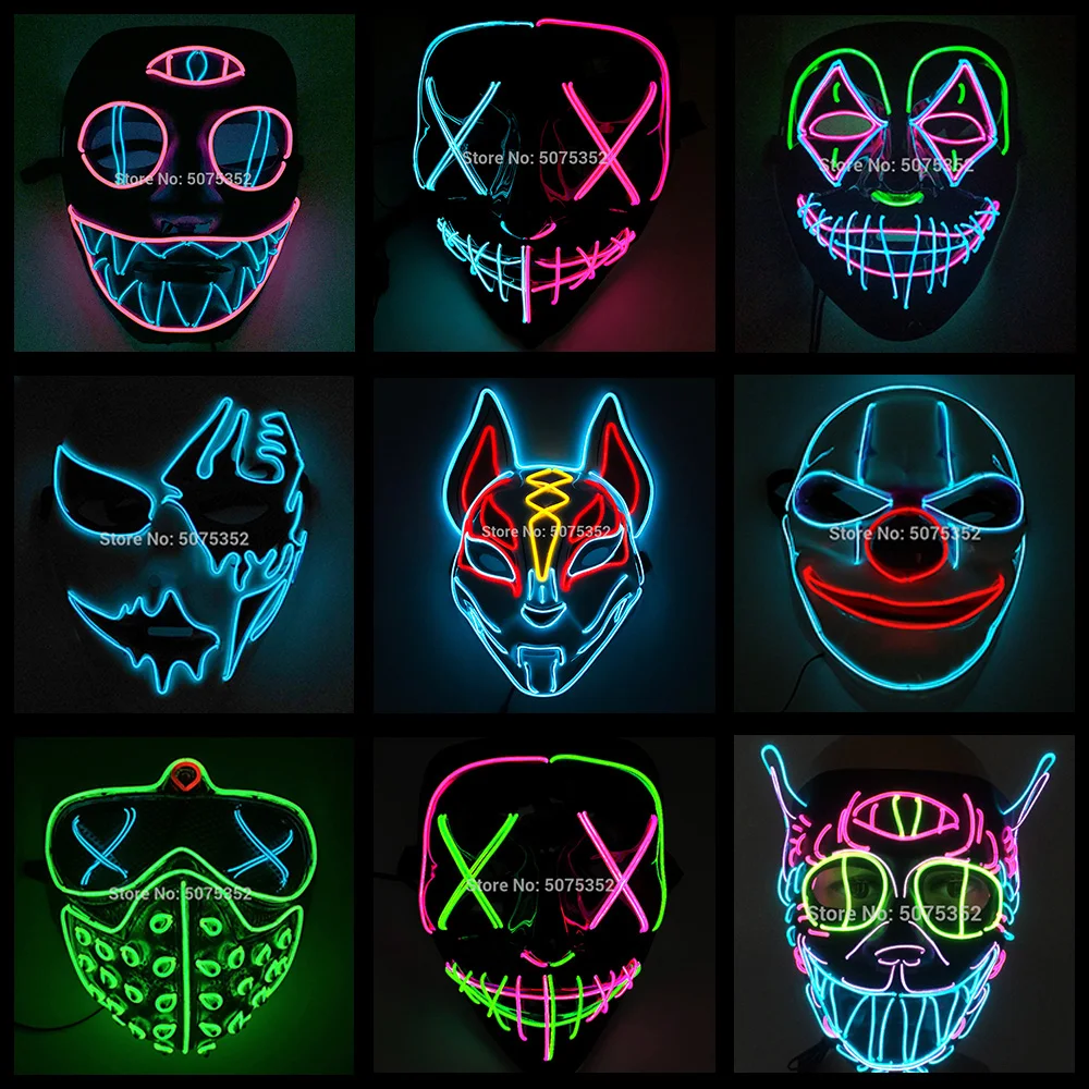 2023Hot Sales Fashion LED Mask Luminous Glowing Halloween Mask Neon EL Mask Halloween Cosplay Mask Mascara Horror Maska