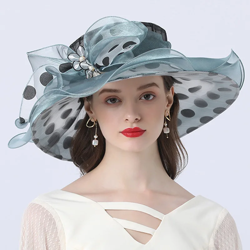 Women Summer Hat Black Dot Pattern Ruffle wide Brim Ladies Organza Hat Packable Sun Beach Hat Wedding Party Race Derby Dress Hat