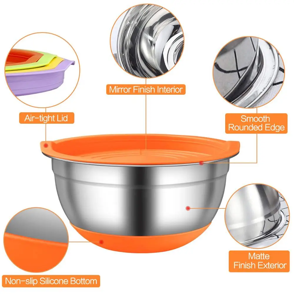 Stainless Steel Nesting Mixing Bowls with Airtight Lids Kitchen Food Salad Bowls Set Non-slip Silicone Bottom Whisking Bowls Set