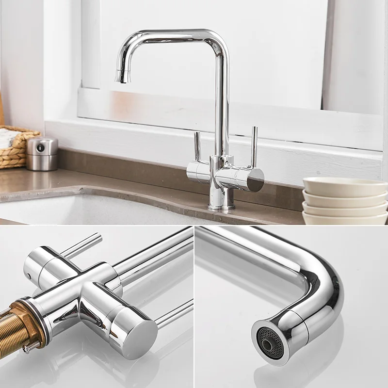 ROVATE 360 Degree Rotation Kitchen Faucet with Drinking Water Faucet, 3 in 1 Kitchen Faucet Dual Handle Dual Spout Filter Faucet