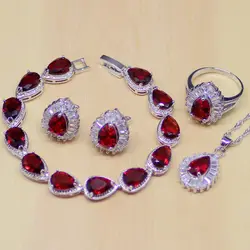 Water Drop Red Ruby White Topaz 925 Sterling Silver Jewelry Sets Women Stud Earrings/Pendant/Necklace/Ring/Bracelet Gift