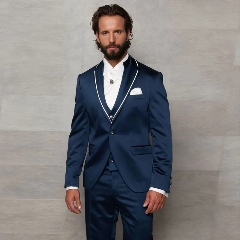 

Navy Blue Three Pieces Men Suits Notched Lapel One Button Formal Tuxedos For Wedding Bridegroom Prom Blazers (Jacket+Pants+Vest)