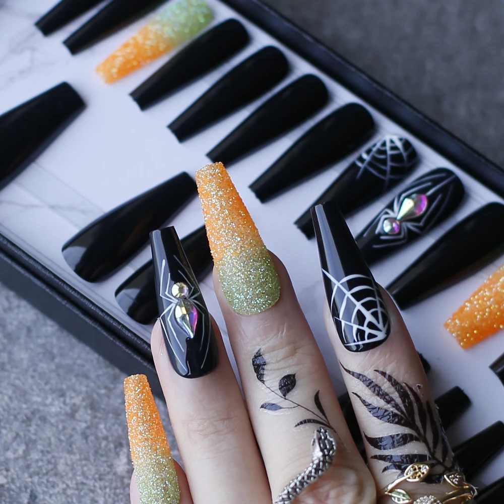 

Luxury black coffin spider with crystal Handmade painting false nails Orange glitter ombre french Press on nails Gothic