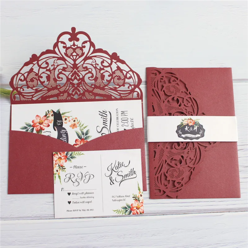 

Envelopes for invitations with printing insert card RSVP belly band flower laser cut invite pocket multi colors 50pcs