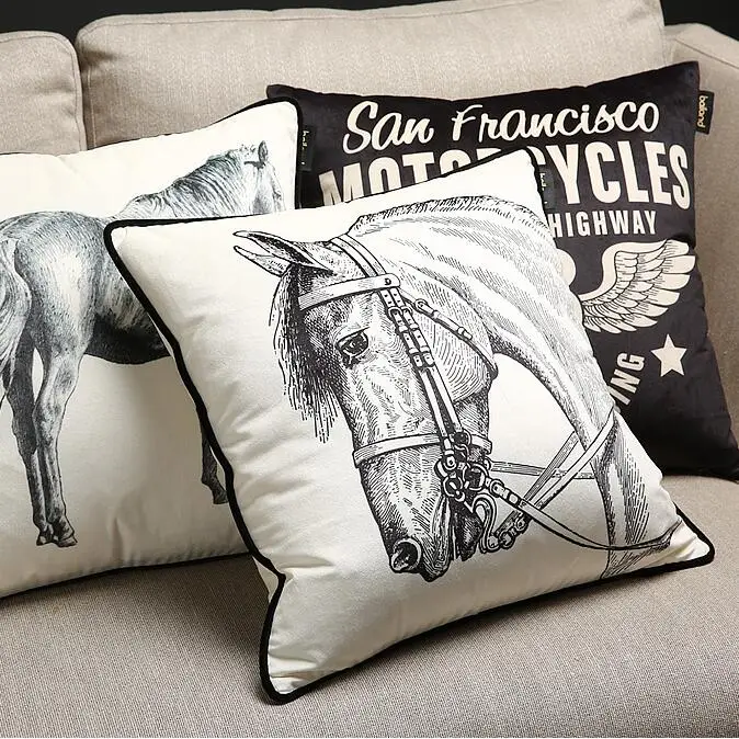 Luxury Black White Velvet Cushion Cover Soft Horse Printed Pillow Cover Pillowcase Home Decorative Sofa Throw Pillows Horse