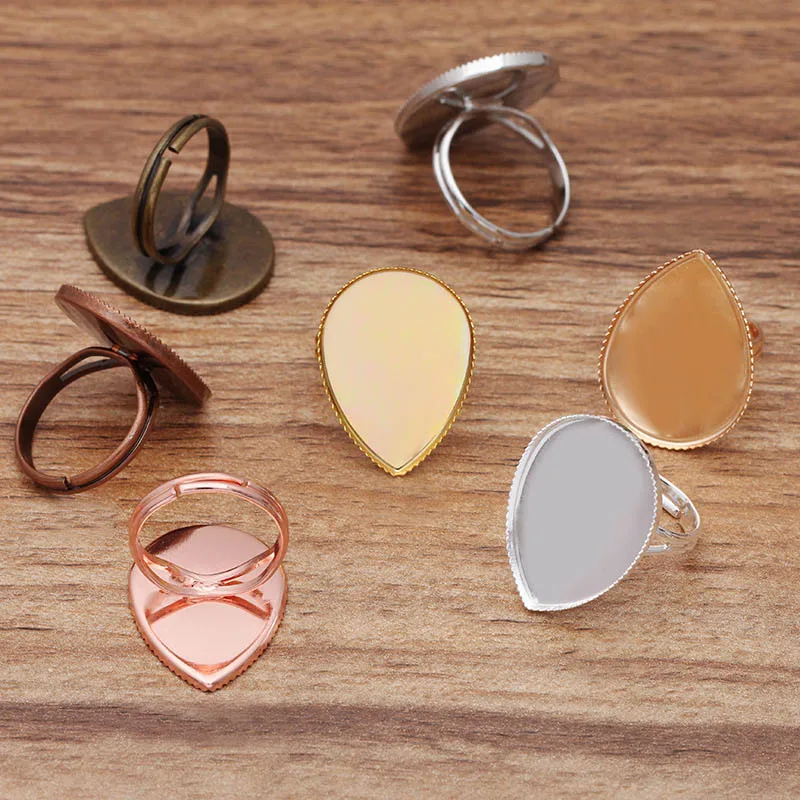 200pcs Copper Adjustable Ring Base with 10x14 13x18 18x25mm Teardrop Bezel Settings Drops Glass Cameo Base Blanks DIY Jewelry