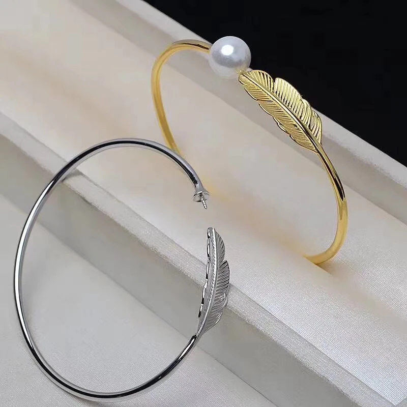 Feather Shape 925 Sterling Silver Bangle Settings Findings Mountings Base Parts Bangle for Crystal Agate Pearls Jade Coral Beads