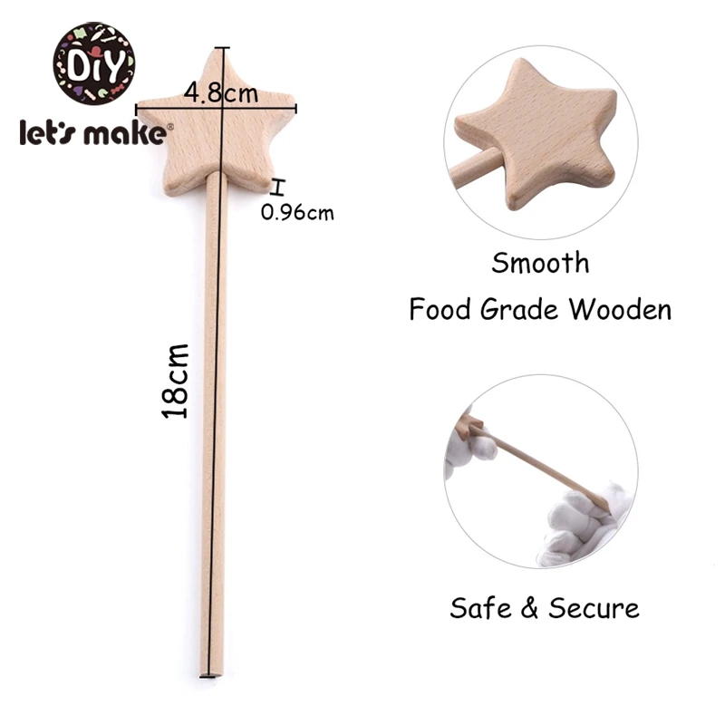 Let\'s Make Baby Toys Beech Wooden Star Wooden Magic Wand Wood Teething Rodent Nursing Gifts Montessori Toys Play Gym Rattles