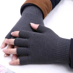 Guantes sin dedos de medio dedo negros para mujeres y hombres, guantes de algodón de muñeca de punto de lana, guantes de entrenamiento cálidos de invierno, 1 par