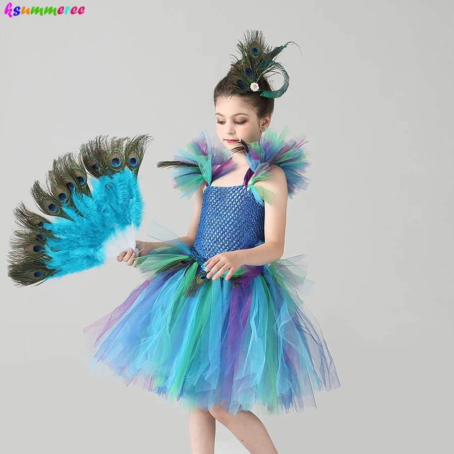 Couture Royal Peacock Girls Tutu Dress with Feather Clip Peacock Bird Carnival Fancy Dress for Kid Halloween Party Purim Costume