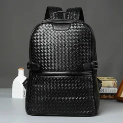 Men Backpack Vintage Casual Leisure Weaving Soft Leather Sheepskin Laptop Women Men Backpack Male Travel Bags